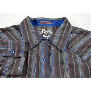 Rock 47 by Wrangler Gray Striped Shirt Women's L Blue Rhinestone Snaps‎